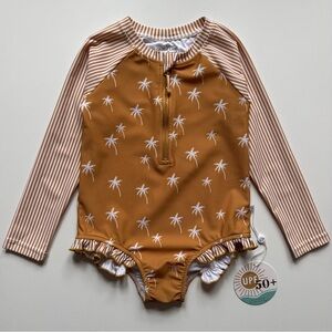 Caden Lane Girls Long-Sleeve Rashguard with Front Zipper, Palm Stripes